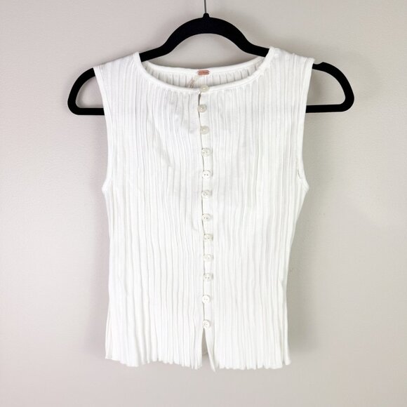 Free People Ivory Tank Top Women XS Sleeveless Button Front Ribbed Knit Shirt - Picture 1 of 9